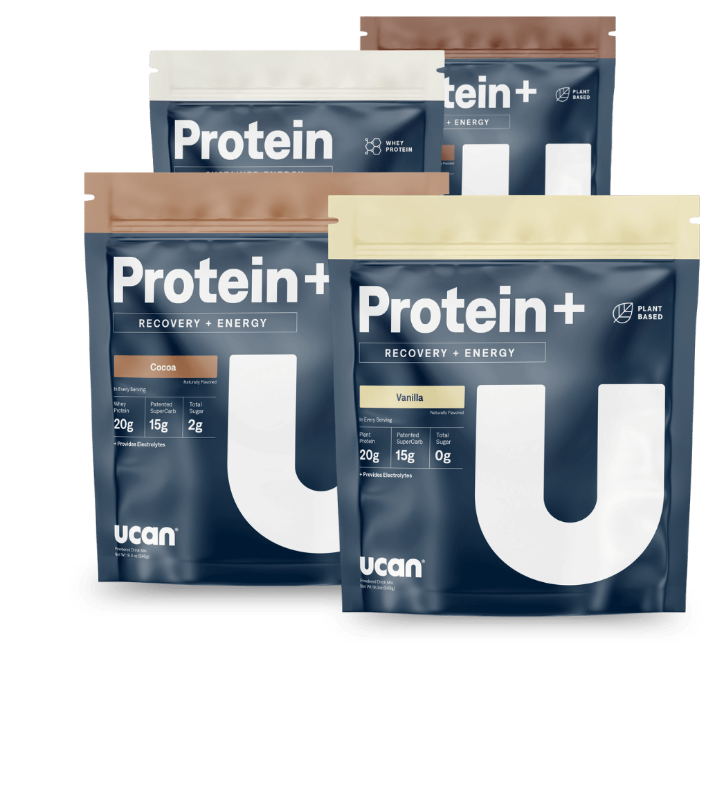 UCAN protein powder range, whey and plant based, powered by LIVSTEADY