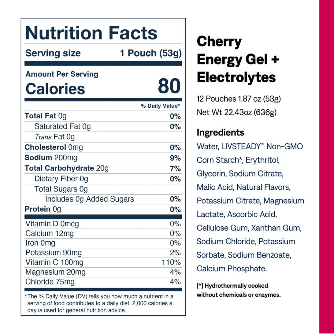 UCAN EDGE Cherry electrolyte energy gel nutrition panel showing 200 mg sodium