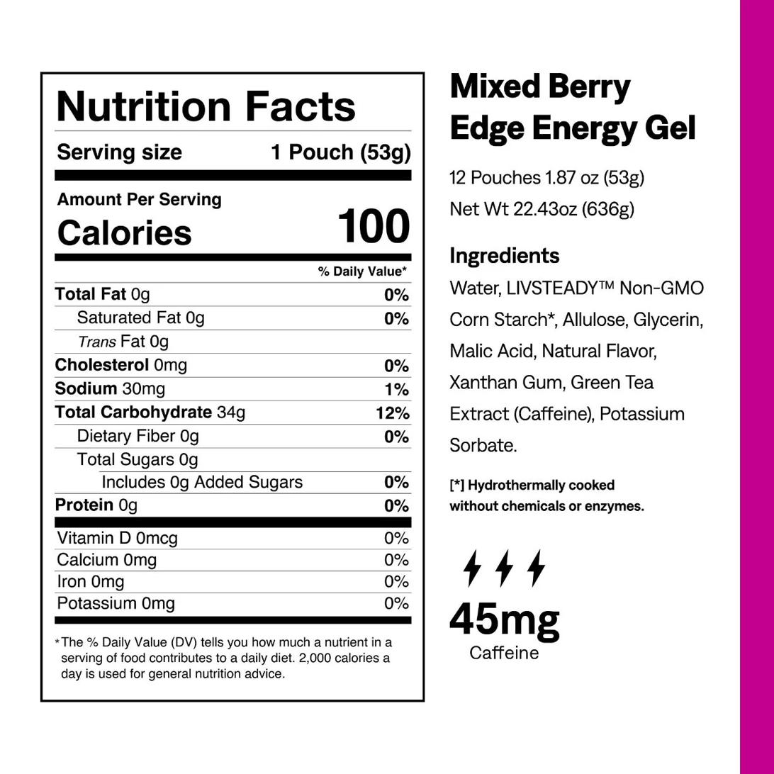 UCAN Mixed Berry EDGE energy gel nutrition panel showing 34 g carbohydrate and 45 mg caffeine