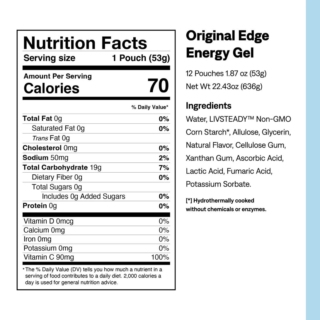 UCAN Original EDGE energy gel nutrition panel showing 19 g carbohydrate and 0 g sugars